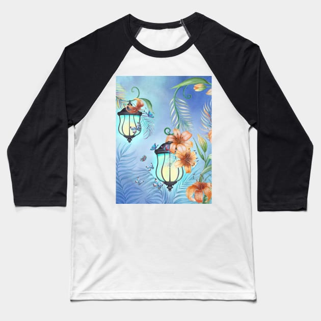 Vintage streetlights with Lily flowers and tropical leaves ornament. Magic floral scenery. Fairy spring garden watercolor illustration Baseball T-Shirt by likapix